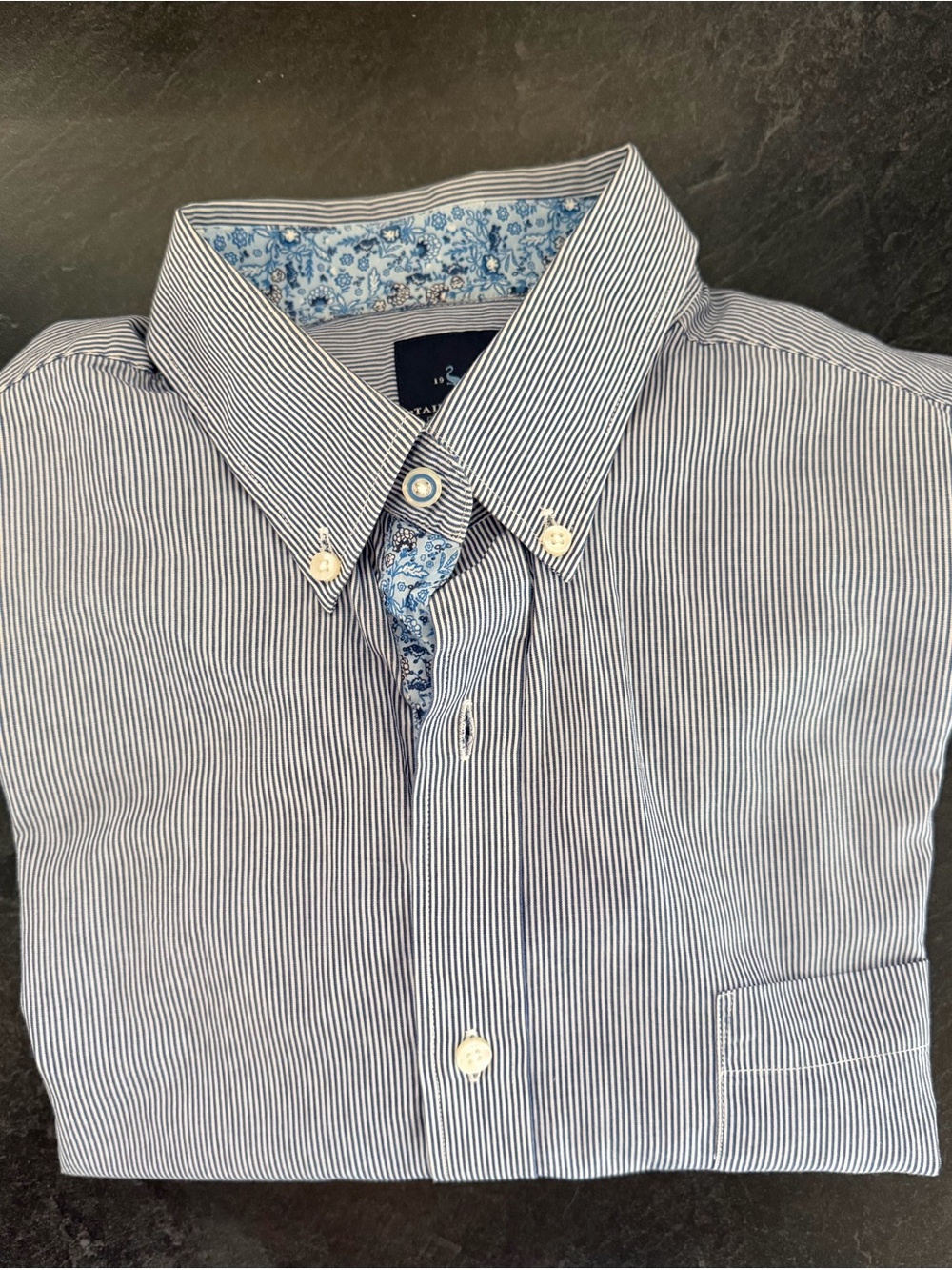 Tailorbyrd Blue and White Pinstripe Button-Down Shirt with Floral Trim